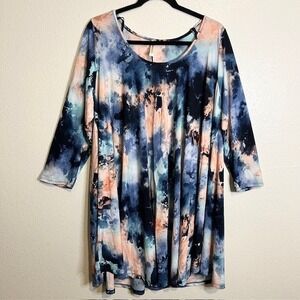 EMERALD Size 1X Tie Dye Print Long‎ Sleeve Tunic Lagenlook Artistic Relaxed